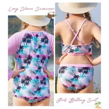 Beach Swim Suit Girls 3-Piece Plam Tree Rash Guard Set for Girls Size 12 13 Pink Kids Rashguard Shirt Bathing Suits for Girls Long Sleeve UPF 50+ Sun Protection Swimwear Tankini