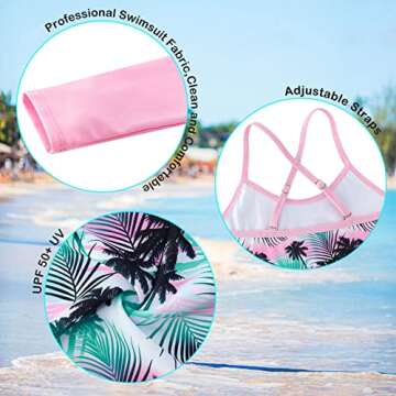 Beach Swim Suit Girls 3-Piece Plam Tree Rash Guard Set for Girls Size 12 13 Pink Kids Rashguard Shirt Bathing Suits for Girls Long Sleeve UPF 50+ Sun Protection Swimwear Tankini