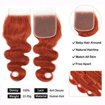REMY HAIR Body Wave Orange Color Bundles Human Hair Bundles with 4ﾗ4 Lace Closure 100% Human Hair Natural Wave Bundles Brazilian Virgin Hair Extensions #350 Ginger Color 10 12 14 Inch with Closure 10