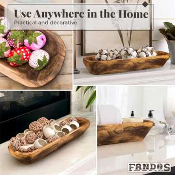 FANDOS Wooden Dough Bowl for Decor -17¾ in Long Dough Bowl Hand Carved Paulownia - Wood Bread Bowl for Decor - Rustic Decorative Long Wooden Bowl for Table Centerpiece