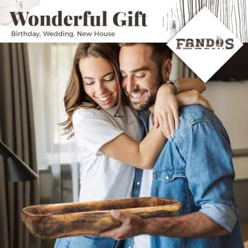 FANDOS Wooden Dough Bowl for Decor -17¾ in Long Dough Bowl Hand Carved Paulownia - Wood Bread Bowl for Decor - Rustic Decorative Long Wooden Bowl for Table Centerpiece