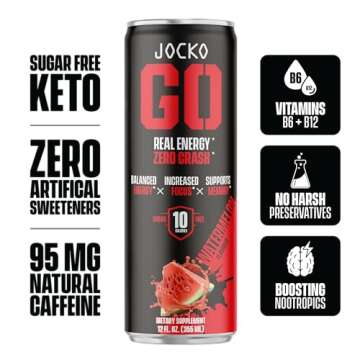 Jocko GO Energy Drink - KETO, Vitamin B12, Vitamin B6, Electrolytes, L Theanine, Magnesium- All Natural Energy Boost, Sugar Free Nootropic Monk Fruit Blend - 12 Pack (Watermelon)