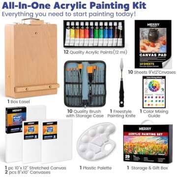 MERRIY Artist Acrylic Paint Set, Painting Supplies Kit with Tabletop Sketch Box Easel, 12 Colors Acrylic Paints,10"x 12" Stretched Canvas,Premium Acrylic Painting Set for Artist Adults, Beginners