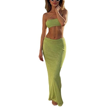 Green Crochet Two-Piece Skirt Set Summer Beachwear