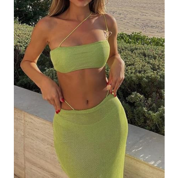 Green Crochet Two-Piece Skirt Set Summer Beachwear