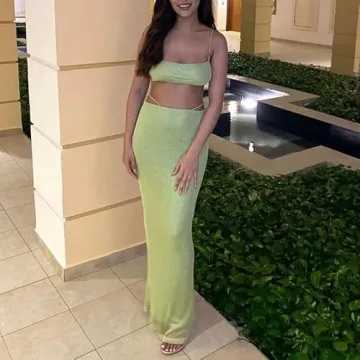 Green Crochet Two-Piece Skirt Set Summer Beachwear