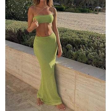 Green Crochet Two-Piece Skirt Set Summer Beachwear
