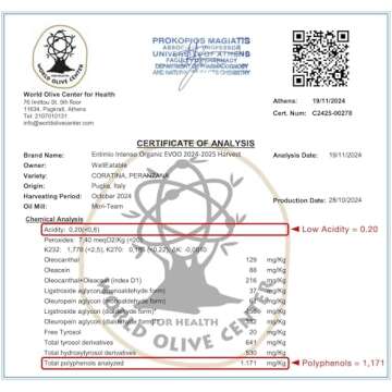 Entimio Intenso +900 mg/kg Polyphenol Rich Organic Extra Virgin Olive Oil, New 2024-2025 Early Harvest Italian Olive Oil from Puglia, Italy, 2024 Gold Winner, Cold Extracted, Lab Tested - 8.5 fl oz