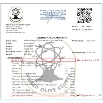 Entimio Intenso +900 mg/kg Polyphenol Rich Organic Extra Virgin Olive Oil, New 2024-2025 Early Harvest Italian Olive Oil from Puglia, Italy, 2024 Gold Winner, Cold Extracted, Lab Tested - 8.5 fl oz