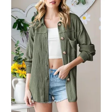 PRETTYGARDEN Women's Tops Button Down Shirts Fall Long Sleeve Shacket Jacket Loose Ribbed Knit Work Blouses With Pocket(Sage Green,Small)