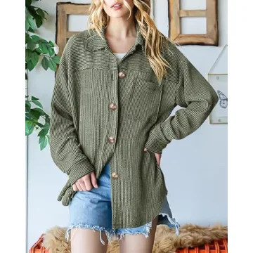 PRETTYGARDEN Women's Tops Button Down Shirts Fall Long Sleeve Shacket Jacket Loose Ribbed Knit Work Blouses With Pocket(Sage Green,Small)