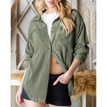 PRETTYGARDEN Women's Tops Button Down Shirts Fall Long Sleeve Shacket Jacket Loose Ribbed Knit Work Blouses With Pocket(Sage Green,Small)