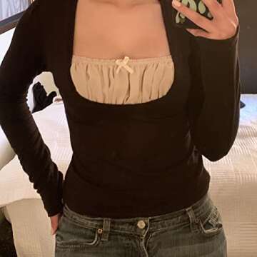 Women Vintage Floral Print Crop Top Long Sleeve Y2k Tshirt Slim Fit Blouse Tee 90s E-Girl Streetwear （Patchwork Black，S）