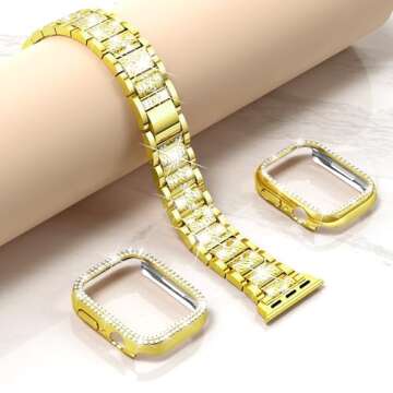 Mosonio Compatible with Apple Watch Band Series 9/8/7 41mm with Case Women, Jewelry Replacement Metal Wristband Strap with 2 Pack Bling PC Protective Cover for iWatch 41mm Series 9/8/7(Gold)