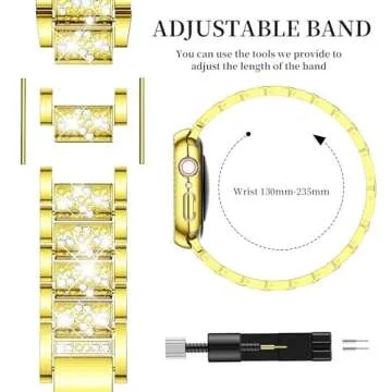 Mosonio Compatible with Apple Watch Band Series 9/8/7 41mm with Case Women, Jewelry Replacement Metal Wristband Strap with 2 Pack Bling PC Protective Cover for iWatch 41mm Series 9/8/7(Gold)