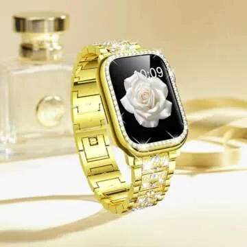 Mosonio Compatible with Apple Watch Band Series 9/8/7 41mm with Case Women, Jewelry Replacement Metal Wristband Strap with 2 Pack Bling PC Protective Cover for iWatch 41mm Series 9/8/7(Gold)