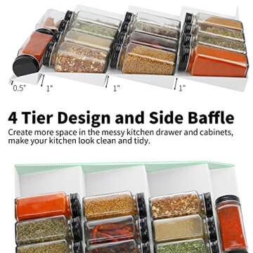 Adjustable Spice Rack, Expandable Plastic Tray Drawer Organizer 12" to 24" Stackable Tray, 4 Slanted Tier Spice Storage Organizer Insert, for Spice Jars, Vitamins, Seasonings Kitchen Drawer Cabinet