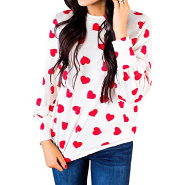 Valphsio Women's Valentine's T-shirt Long Sleeve Heart Prints Blouse Crew Neck Sweatshirt Red