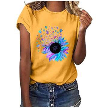 Summer Tops for Women Casual Short Sleeve Loose Fit Sunflower Graphic Tees Vintage Shirts Blouses