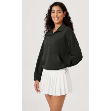 ODODOS Women's Modal Soft Cinchable Sweatshirts Half Zipper Funnel Neck Oversize Pullover with Pockets, Black, Medium