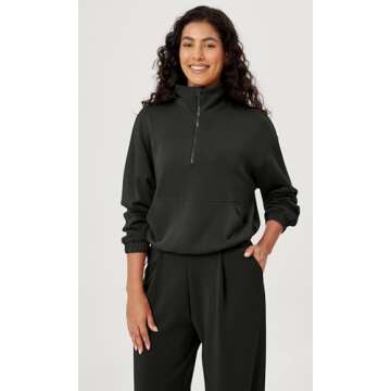 ODODOS Women's Modal Soft Cinchable Sweatshirts Half Zipper Funnel Neck Oversize Pullover with Pockets, Black, Medium