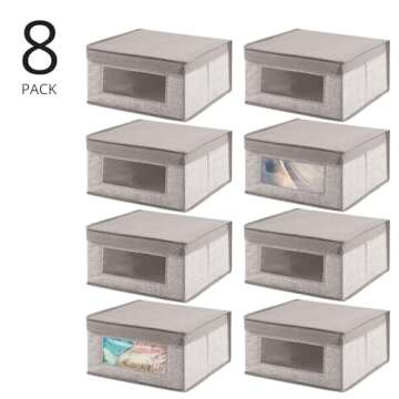 mDesign Medium Fabric Stackable Closet Storage Organizer Box with Front Window/Lid for Bedroom, Office, Mudroom Organization, Hold Clothes, Blankets, Linens, Lido Collection, 8 Pack, Linen/Tan