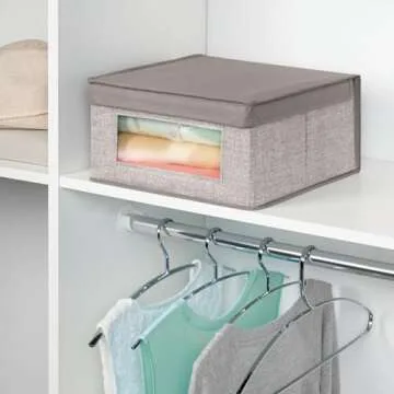 mDesign Medium Fabric Stackable Closet Storage Organizer Box with Front Window/Lid for Bedroom, Office, Mudroom Organization, Hold Clothes, Blankets, Linens, Lido Collection, 8 Pack, Linen/Tan