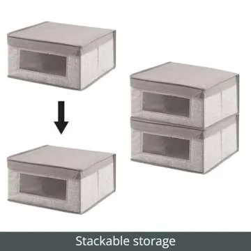 mDesign Medium Fabric Stackable Closet Storage Organizer Box with Front Window/Lid for Bedroom, Office, Mudroom Organization, Hold Clothes, Blankets, Linens, Lido Collection, 8 Pack, Linen/Tan