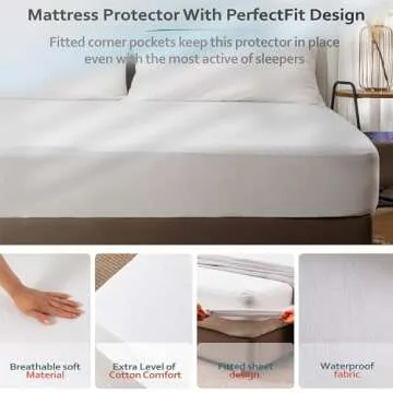 PlushDeluxe Queen Cotton Mattress Protector – Waterproof Cover with Fitted Sheet Design – Soft and Durable Mattress Pad for Noiseless Sleep – Easy to Install and Clean