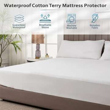 PlushDeluxe Queen Cotton Mattress Protector – Waterproof Cover with Fitted Sheet Design – Soft and Durable Mattress Pad for Noiseless Sleep – Easy to Install and Clean