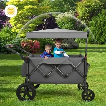 Collapsible Wagon Stroller for Two Kids with Removable Canopy