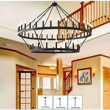 JKLX 60 Inch Large Black Wagon Wheel Chandelier,2 Tier 54-Lights Farmhouse Industrial Country Style Round Pendant Light Fixture for Dining Room Kitche