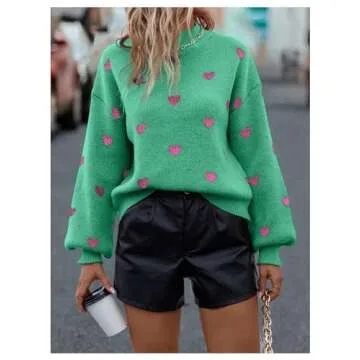 BEAUDRM Women's Bow Print Sweater Long Sleeve Mock Neck Drop Shoulder Knit Pullover Sweaters Green Large