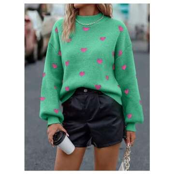 BEAUDRM Women's Bow Print Sweater Long Sleeve Mock Neck Drop Shoulder Knit Pullover Sweaters Green Large