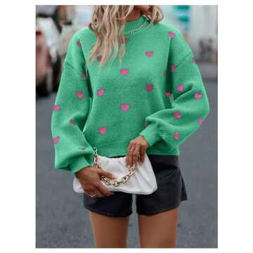 BEAUDRM Women's Bow Print Sweater Long Sleeve Mock Neck Drop Shoulder Knit Pullover Sweaters Green Large
