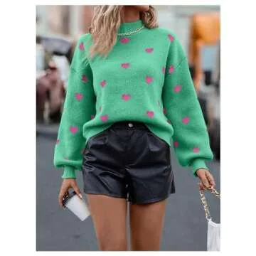 BEAUDRM Women's Bow Print Sweater Long Sleeve Mock Neck Drop Shoulder Knit Pullover Sweaters Green Large