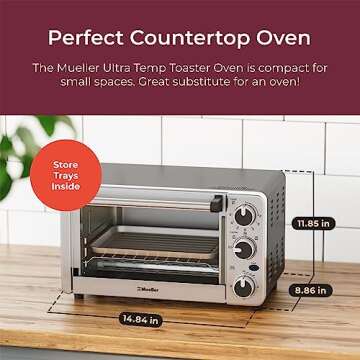 Mueller Toaster Oven with 30 Minute Timer - Toast - Bake - Broiler Settings, Stainless Steel, Natural Convection, Fits 9 inch Pizza, 4 Slice Toaster, 1100 W