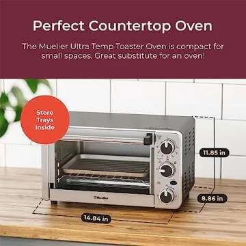 Mueller Toaster Oven with 30 Minute Timer - Toast - Bake - Broiler Settings, Stainless Steel, Natural Convection, Fits 9 inch Pizza, 4 Slice Toaster, 1100 W