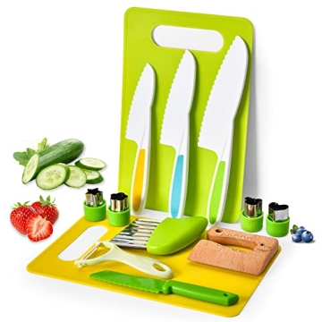 Montessori Kids Knives for Real Cooking, 13 Pieces Wooden Kids Kitchen Knife Set Include 4 Serrated ...