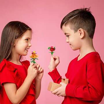 WODMAZ Valentines Day Cards with Bouquet Building Blocks, 24 Packs Romantic Flower Toys Valentines D...