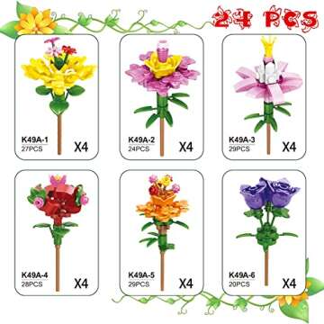 WODMAZ Valentines Day Cards with Bouquet Building Blocks, 24 Packs Romantic Flower Toys Valentines Day Gifts for Kids School Classroom Exchange, Valentine Party Favor, Valentine's Greeting Cards