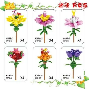 WODMAZ Valentines Day Cards with Bouquet Building Blocks, 24 Packs Romantic Flower Toys Valentines Day Gifts for Kids School Classroom Exchange, Valentine Party Favor, Valentine's Greeting Cards