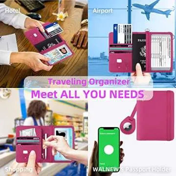 WALNEW AirTag Passport Holder, PU Leather Airtag Wallet RFID Blocking Passport Cover Travel Essentials Case for Women Men (Hot Pink)