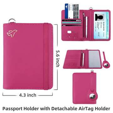 WALNEW AirTag Passport Holder, PU Leather Airtag Wallet RFID Blocking Passport Cover Travel Essentials Case for Women Men (Hot Pink)