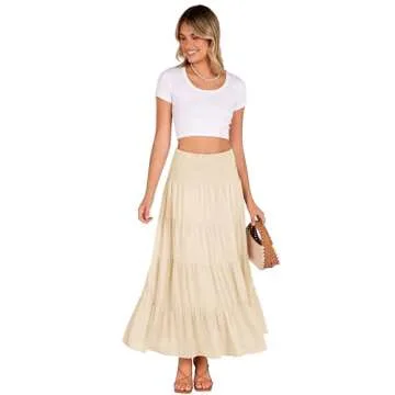 Zeagoo Women's Elastic High Waist Boho Maxi Skirt Ruffle A Line Swing Long Skirts Beige Medium