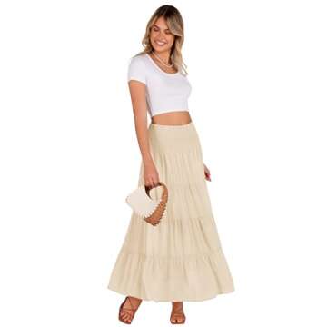 Zeagoo Women's Elastic High Waist Boho Maxi Skirt Ruffle A Line Swing Long Skirts Beige Medium