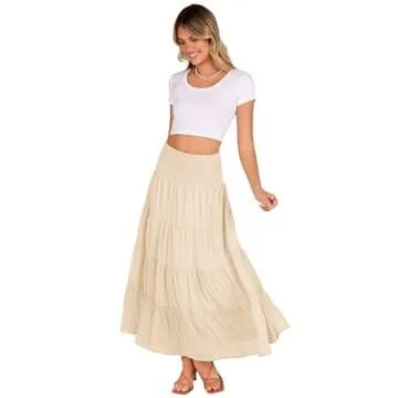 Zeagoo Women's Elastic High Waist Boho Maxi Skirt Ruffle A Line Swing Long Skirts Beige Medium