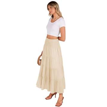 Zeagoo Women's Elastic High Waist Boho Maxi Skirt Ruffle A Line Swing Long Skirts Beige Medium