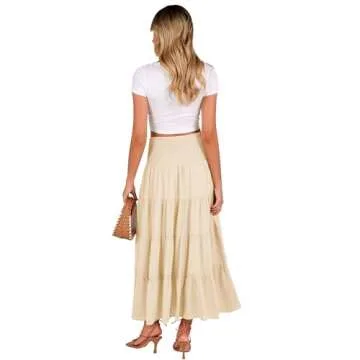 Zeagoo Women's Elastic High Waist Boho Maxi Skirt Ruffle A Line Swing Long Skirts Beige Medium