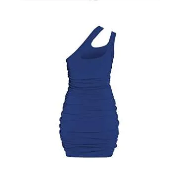 Elegant Women One Shoulder Ruched Bodycon Dress - Royal Blue